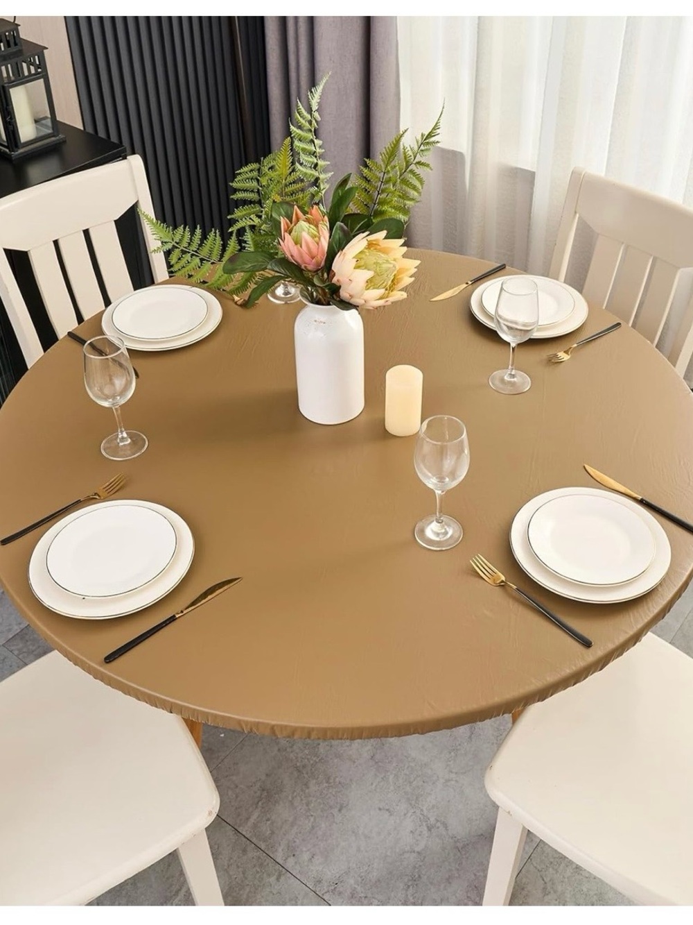 Round Brown/Tan Stretch Table Cover - Home Dining. Fits 27-30 inches round table
